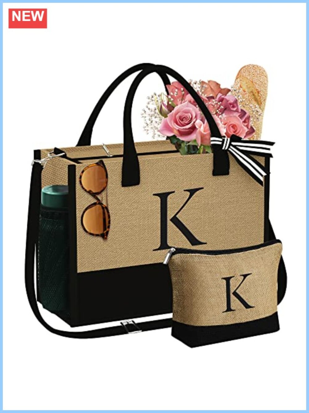 Initial Jute Tote Bag & Makeup Bag Set Monogram Embroidery